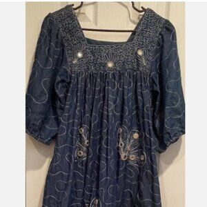 Vtg Ramona Rull Blue Denim Mirrored MuuMuu Caftan Dress Womens AV Embroidered